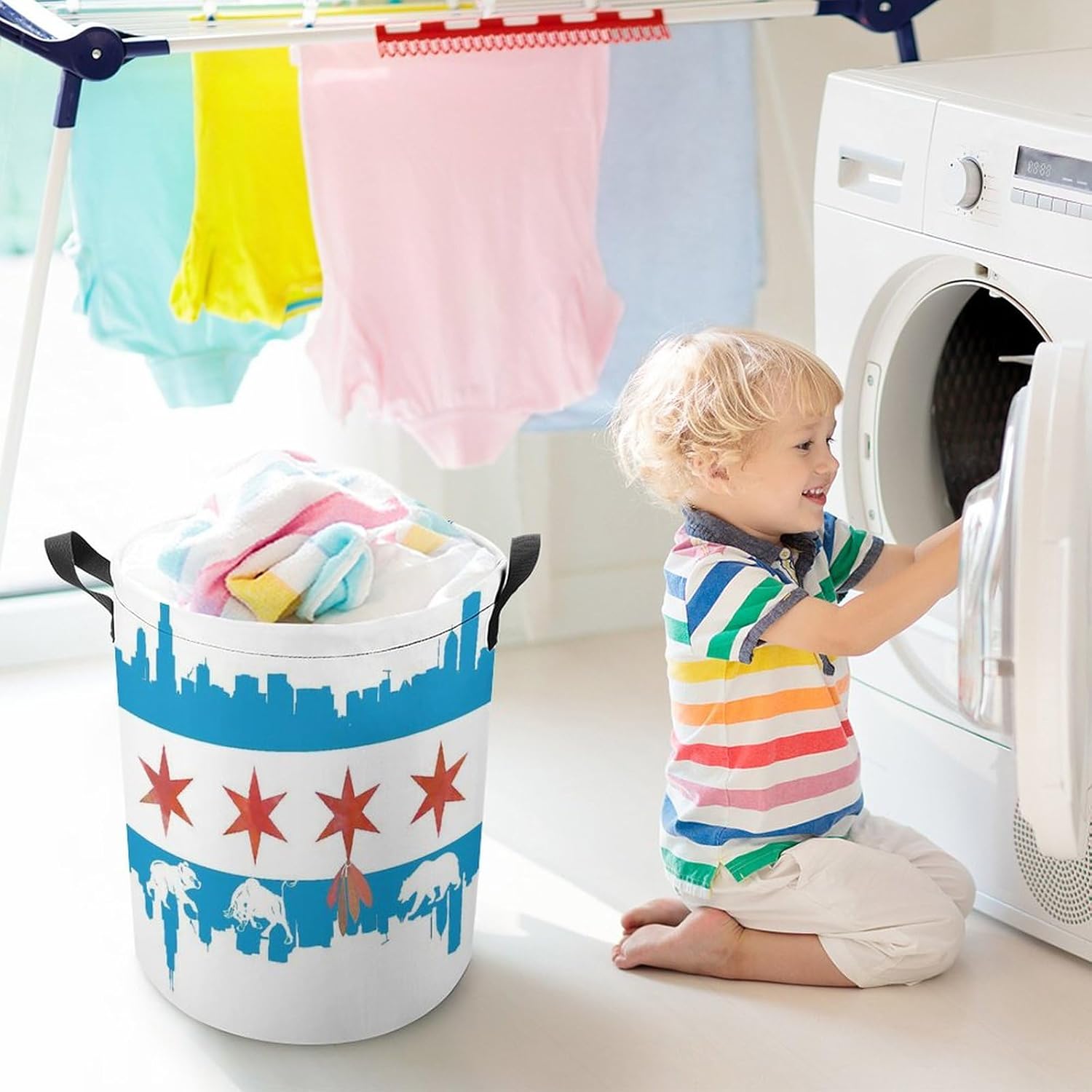 Chicago Flag Skyline Bear Laundry Basket Round Collapsible