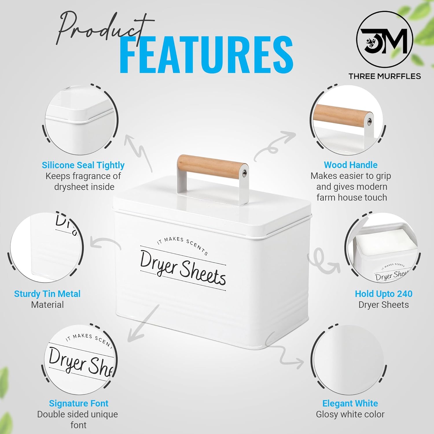 Three Murffles Dryer Sheet Holder - Sturdy White Dispenser