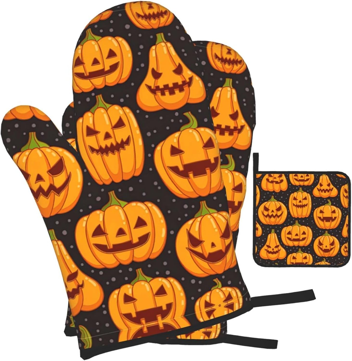 Halloween Pumpkin Pattern Oven Mitts and Pot Holders Set