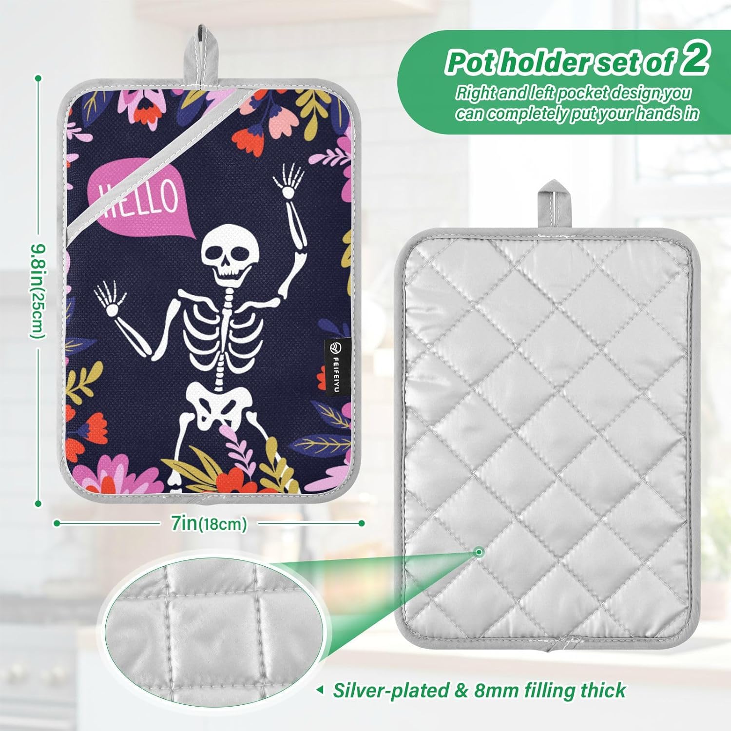 2Pcs Hello Skeleton Potholder Set Non-Slip Heat Resistant