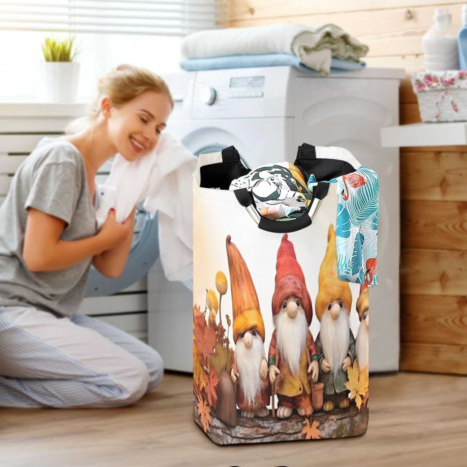 Collapsible Storage Hamper with Handles Autumn Gnomes Design Waterproof Durable