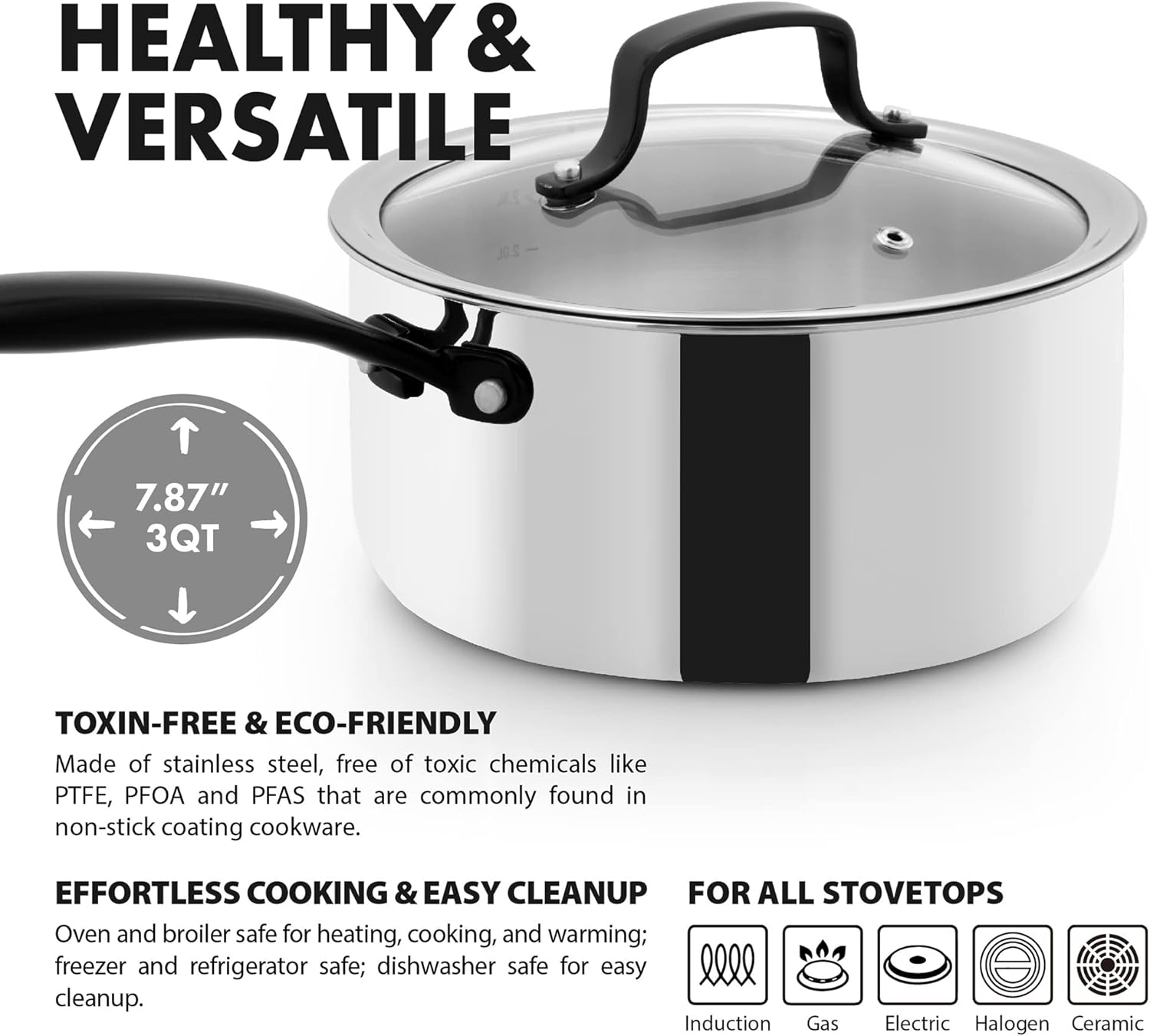 GRANDTIES 3 QT Stainless Steel Saucepan PVD Coated