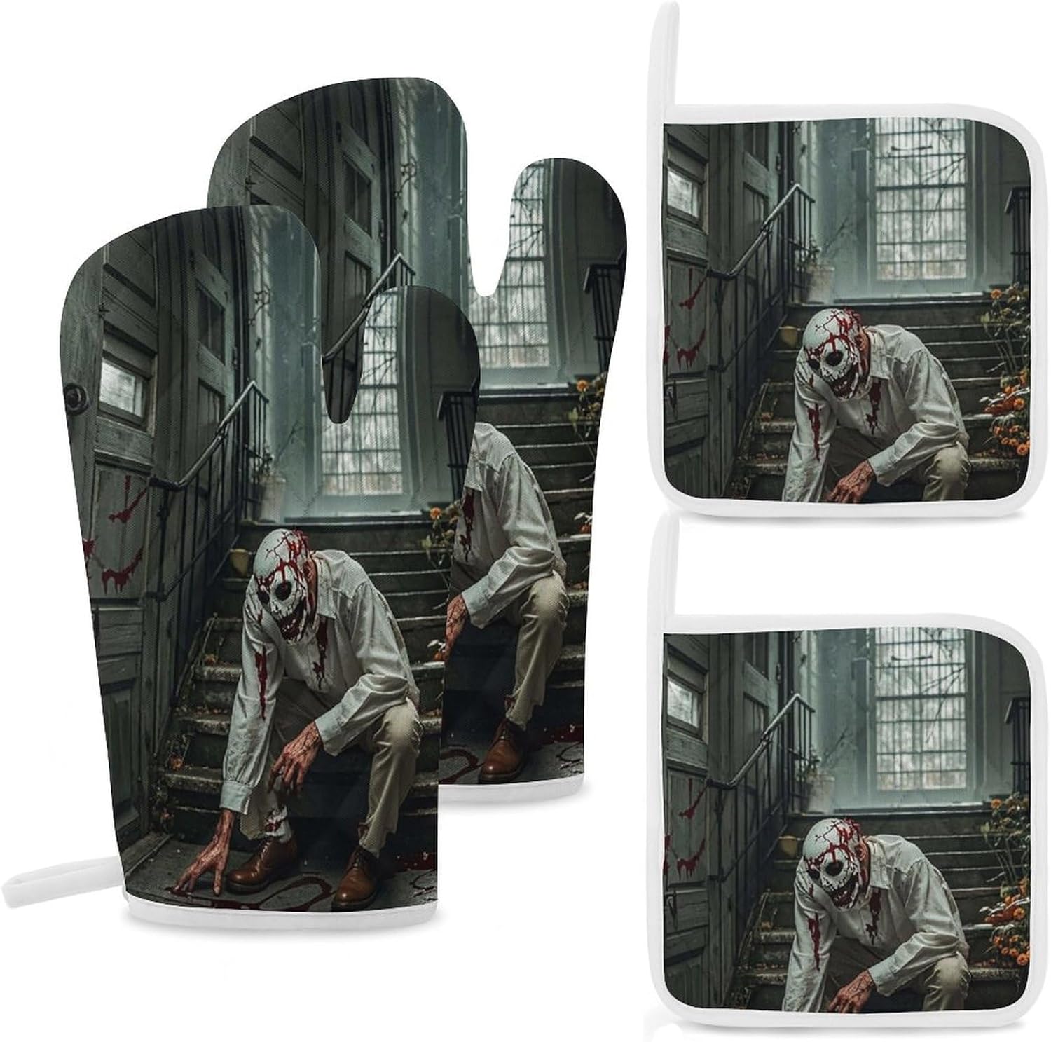 Halloween Horror-Themed Oven Mitts Set for Grilling Baking