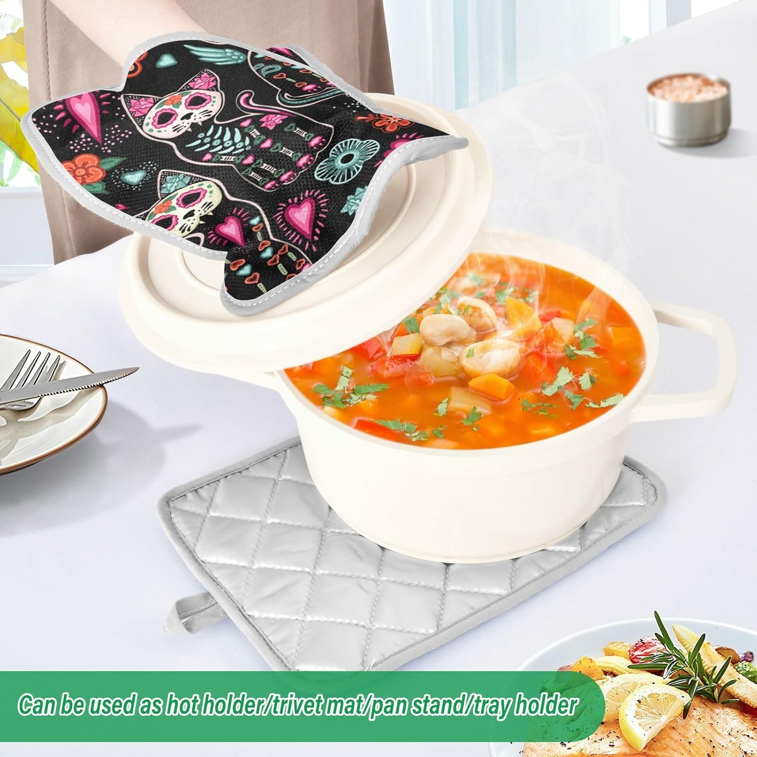 Frighteningly Perfect 2-Piece Skull Cat Halloween Pot Holder Set