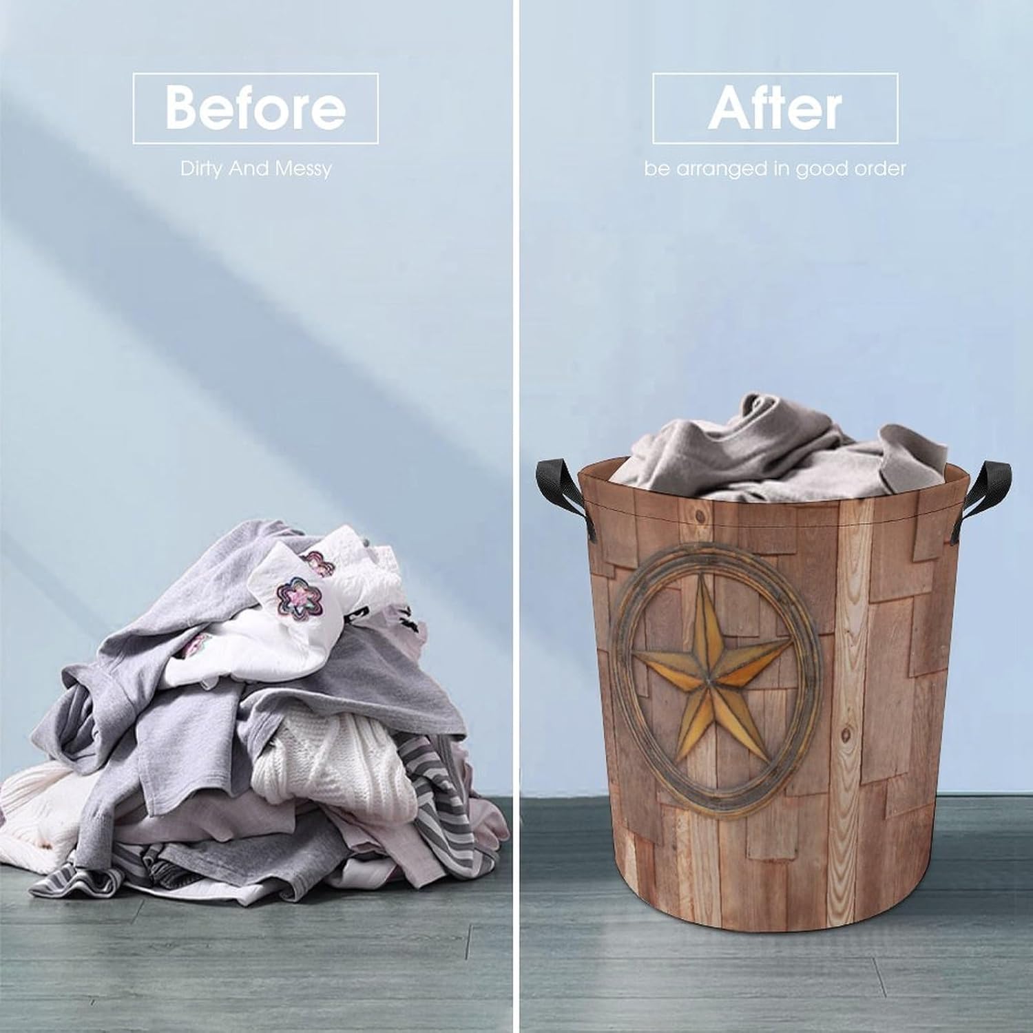 Star on Wood Wall Laundry Hamper Collapsible Storage Basket Home Kitchen Organization