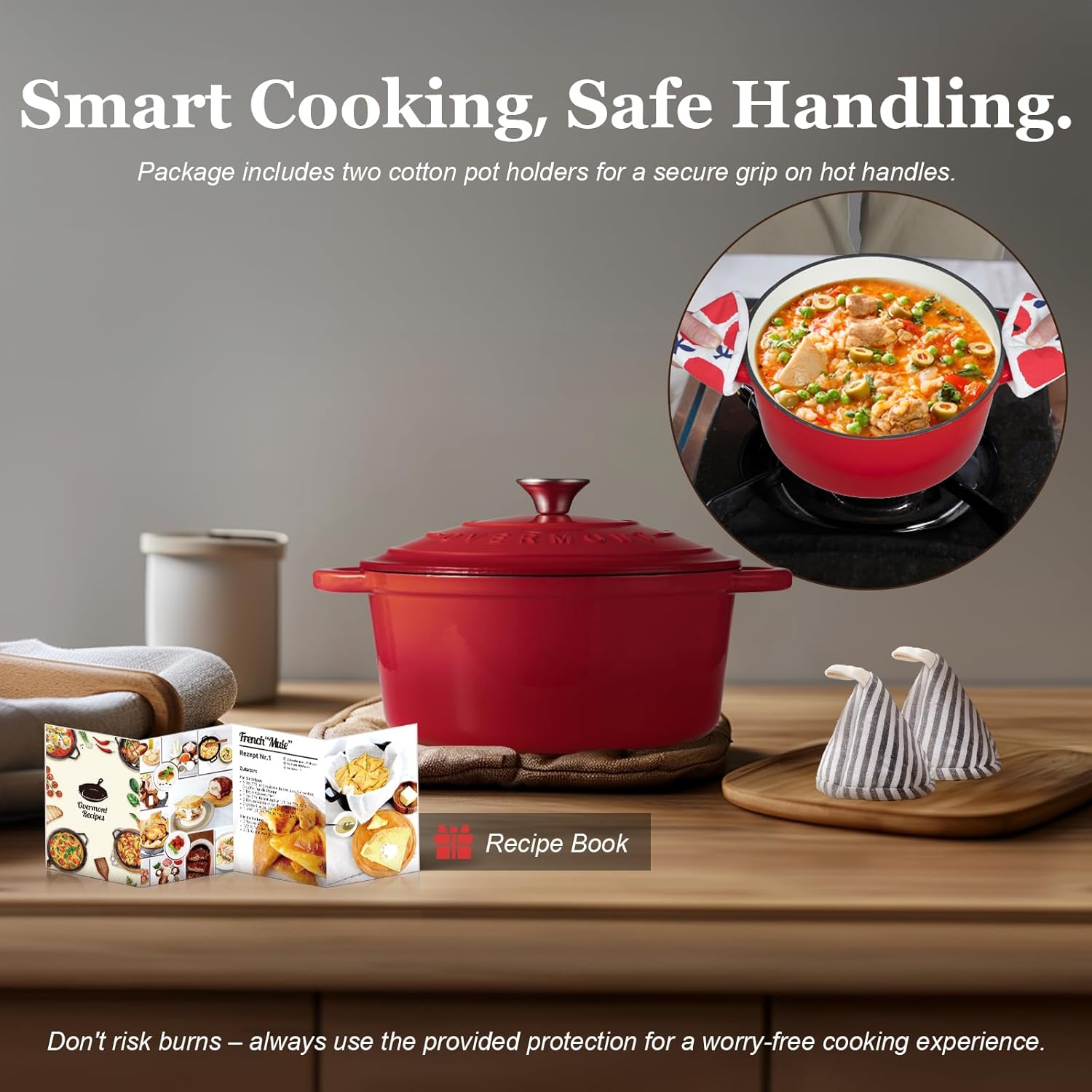 Overmont 7QT Enameled Cast Iron Dutch Oven with Lid and Cookbook