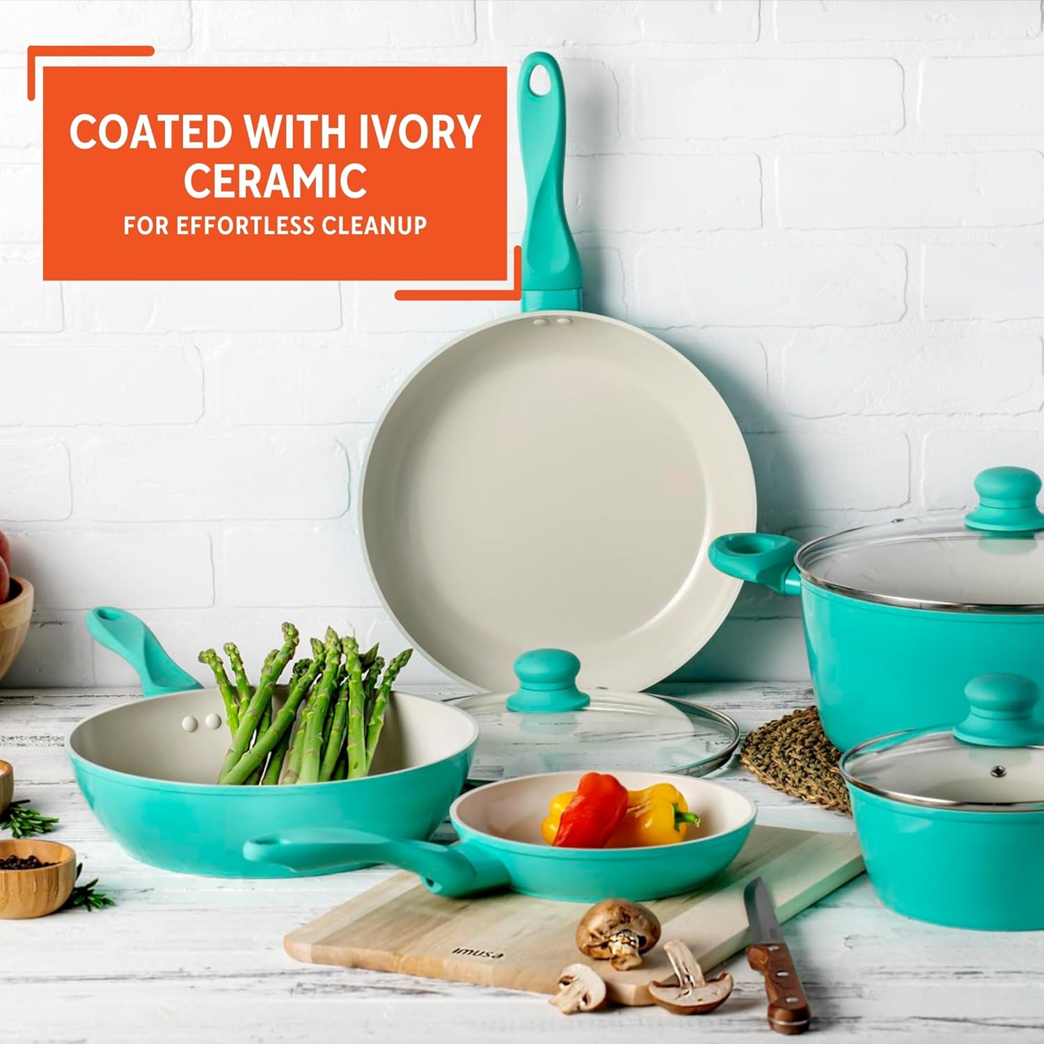 IMUSA 10pc Forged Aluminum Ivory Ceramic Cookware Set with Teal Handles