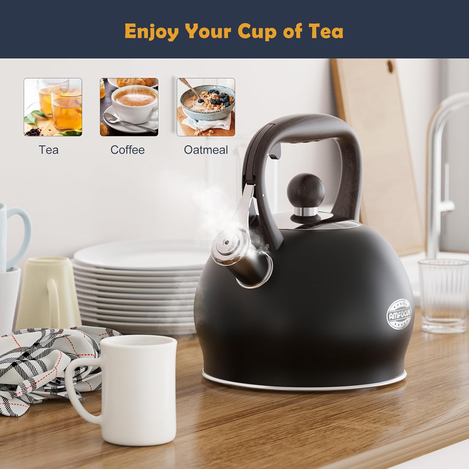 AMFOCUS264 Quart Ergonomic Stainless Steel Tea Kettle with Whistle Black