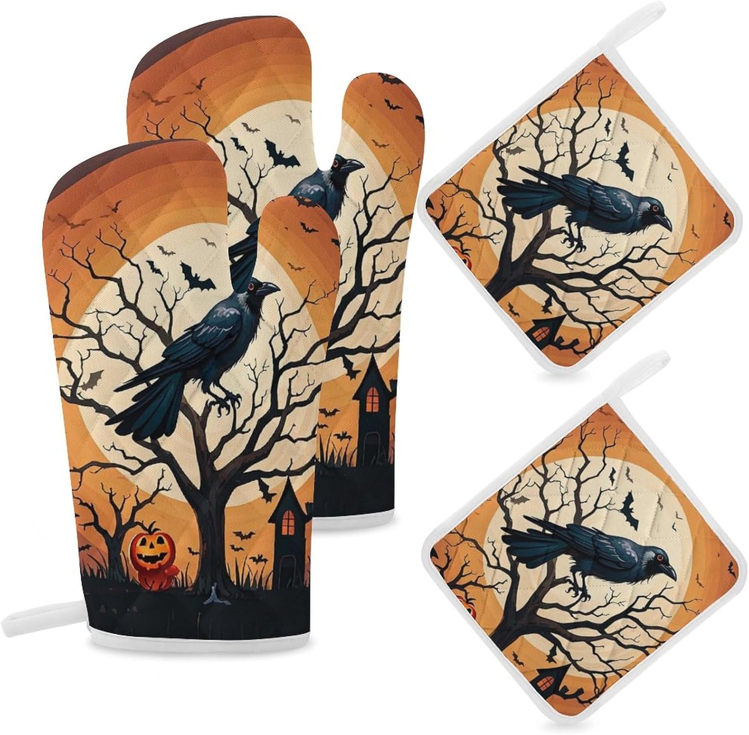 Exclusive Halloween Oven Mitts Pot Covers Set Heat-Resistant for Kitchen Use