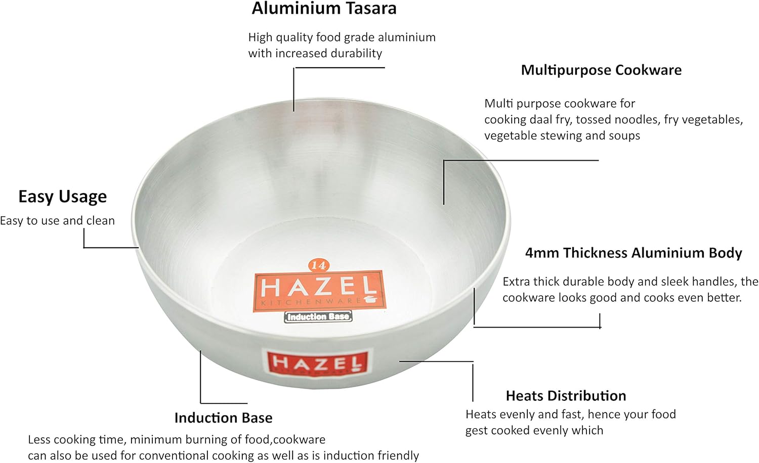 Hazel Induction Aluminium Kadai Cookware 2100ml