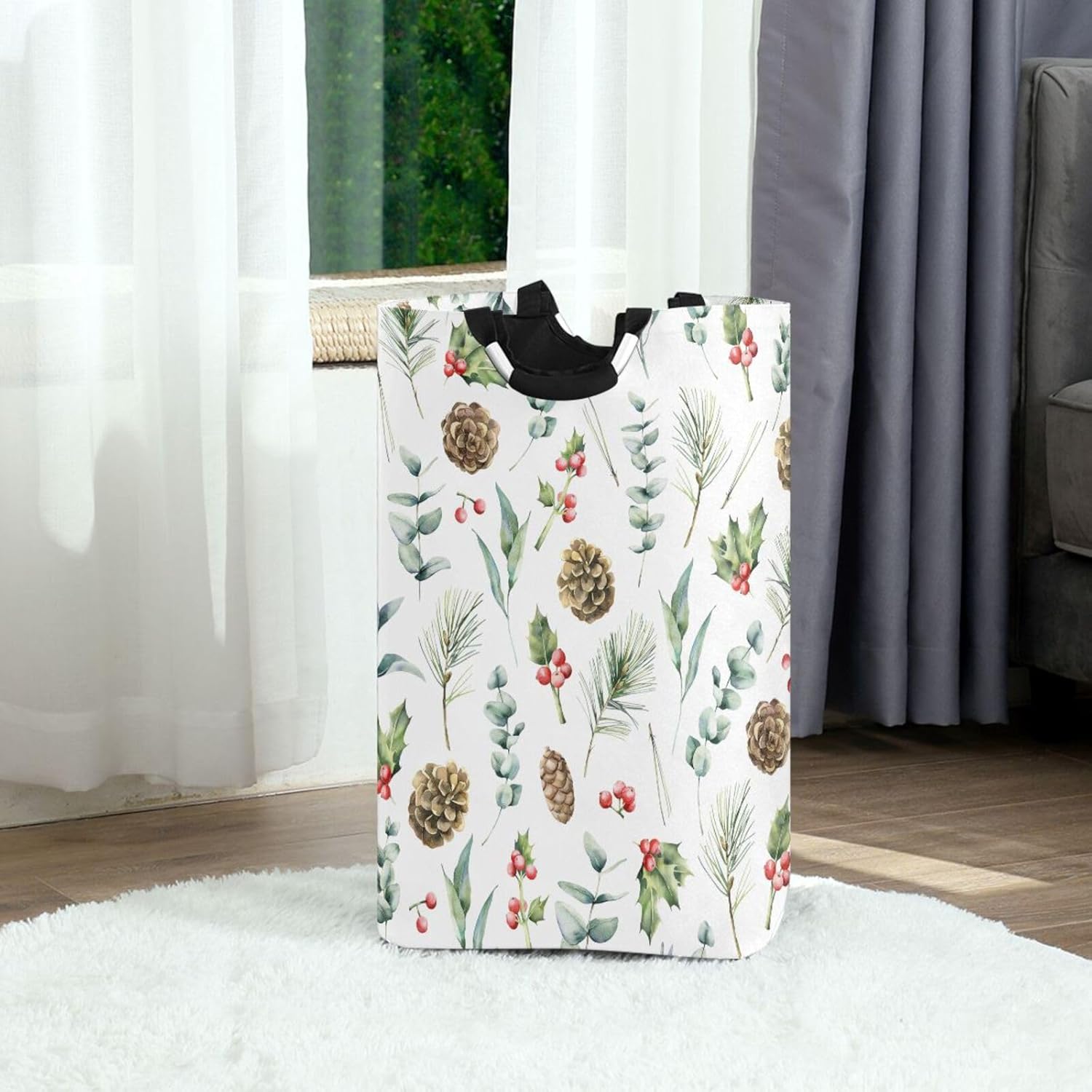 Collapsible Laundry Basket with Handles Waterproof Nursery Storage Christmas Pinecone Design