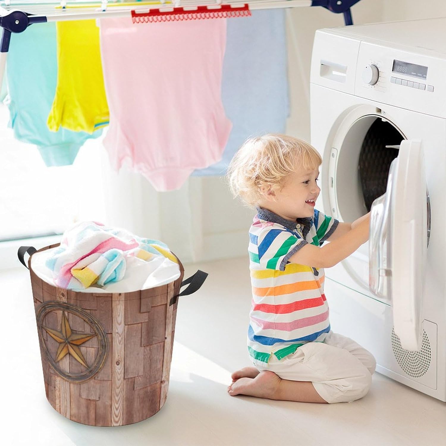 Star on Wood Wall Laundry Hamper Collapsible Storage Basket Home Kitchen Organization