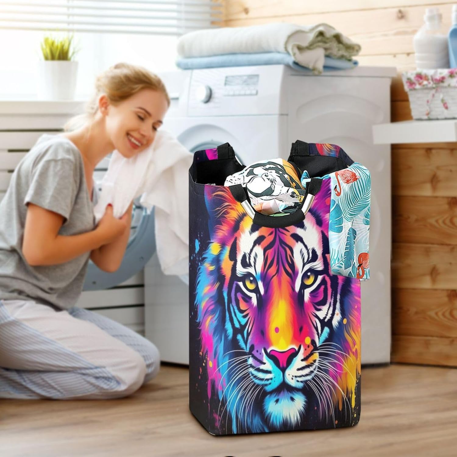 Kigai Collapsible Laundry Basket with Handles Cute Tigers Waterproof Nevil