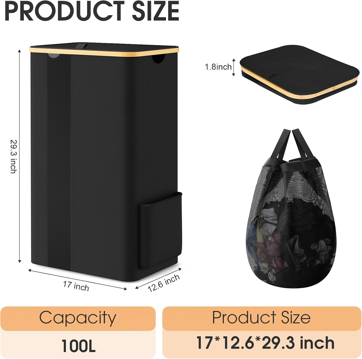 SpaceTrove Large Laundry Basket with Lid 100L Capacity
