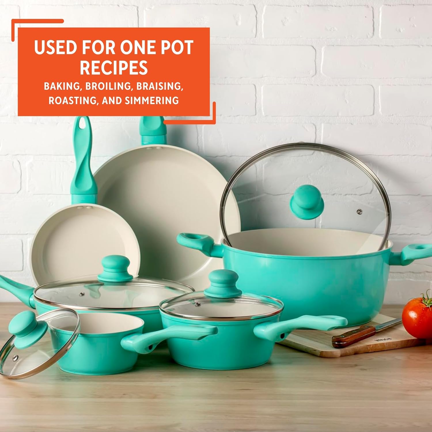 IMUSA 10pc Forged Aluminum Ivory Ceramic Cookware Set with Teal Handles