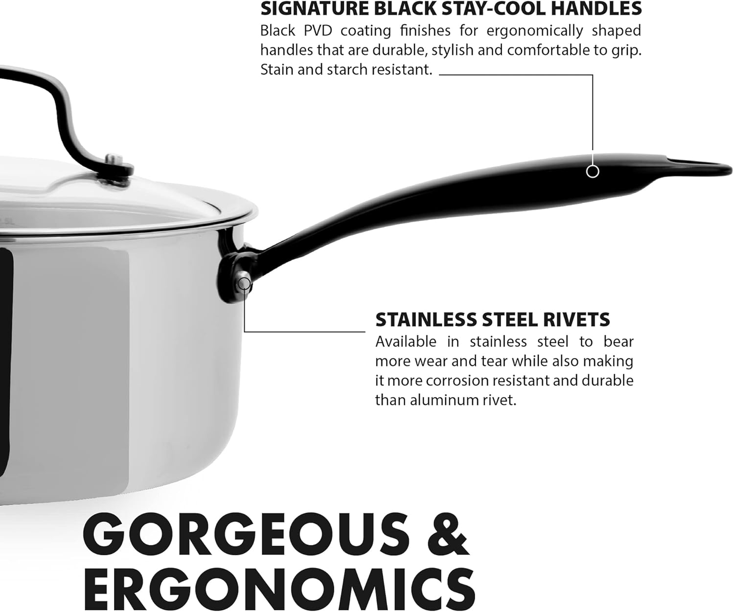 GRANDTIES 3 QT Stainless Steel Saucepan PVD Coated