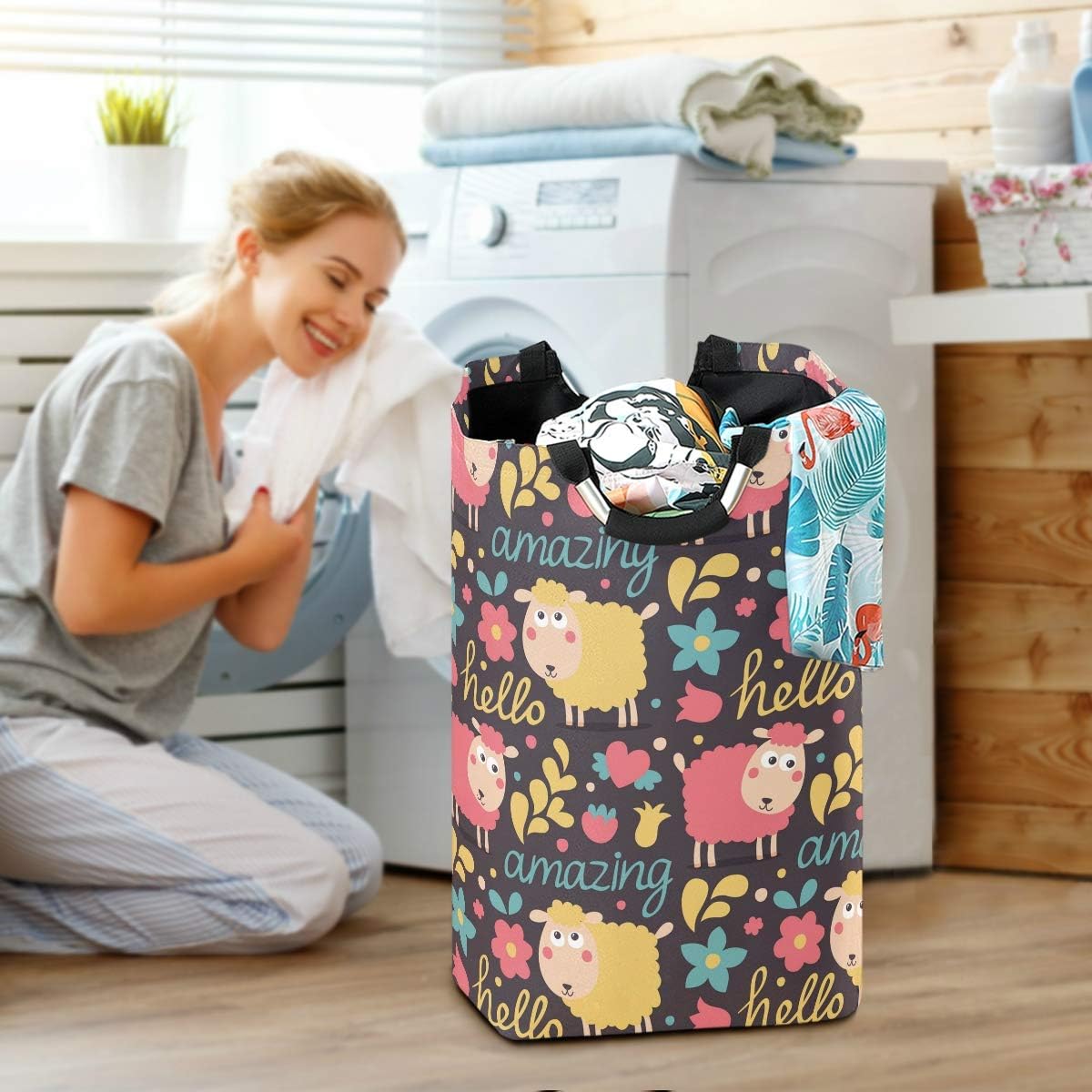 MOYYO Cute Animal Sheep Flowers Laundry Basket Collapsible Storage Bag
