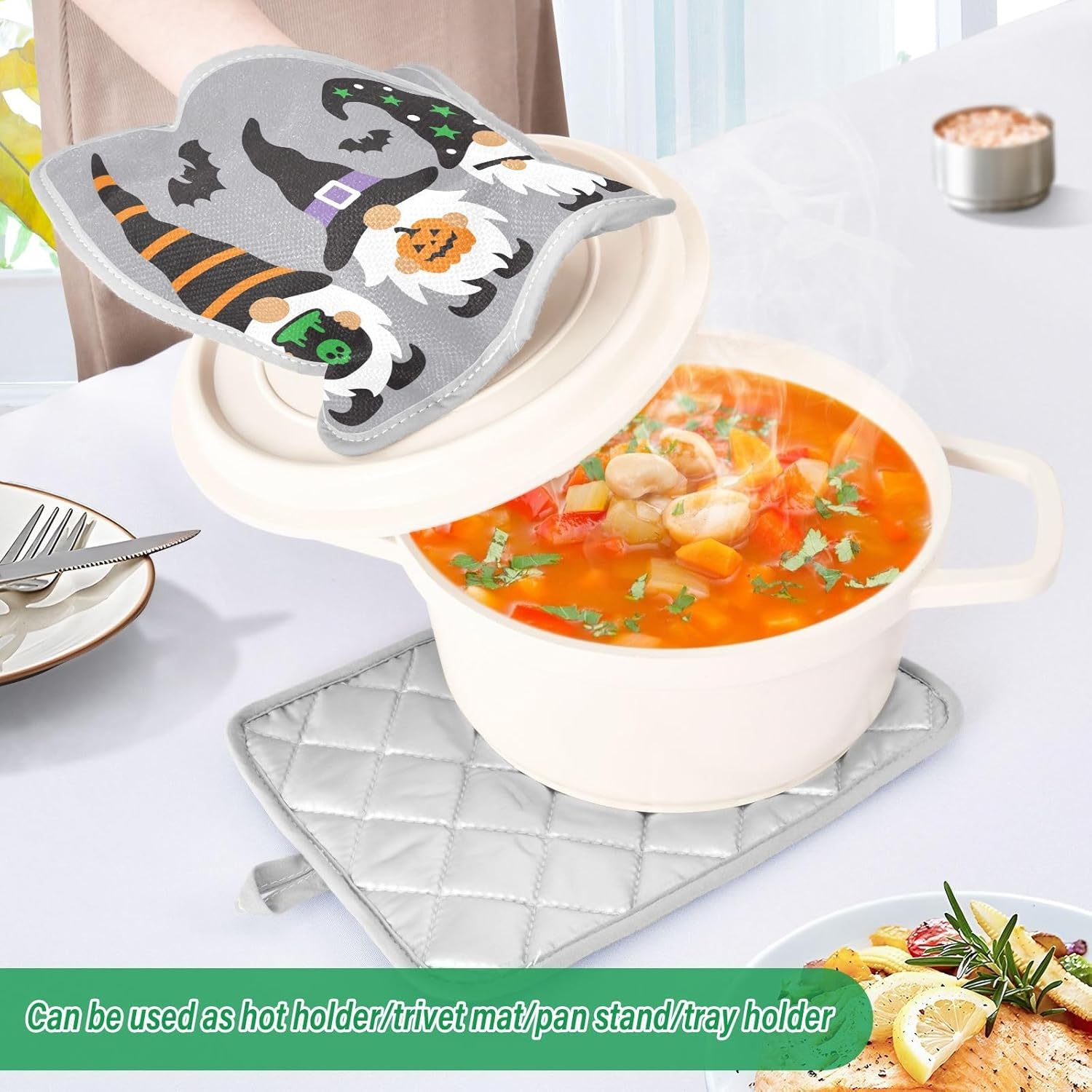 Happy Halloween Black Bat Kitchen Potholders 2-Pack Pumpkin Gnome Oven Hot Pads