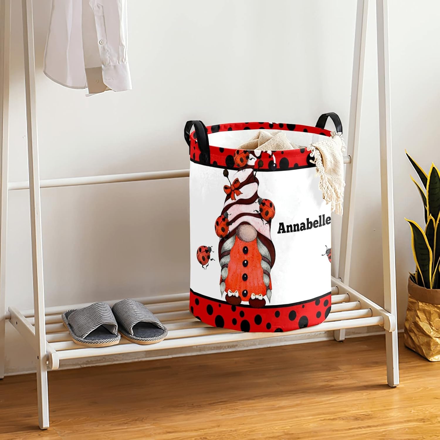 Ladybird Dots Gnome Personalized Waterproof Foldable Laundry Basket with Handle
