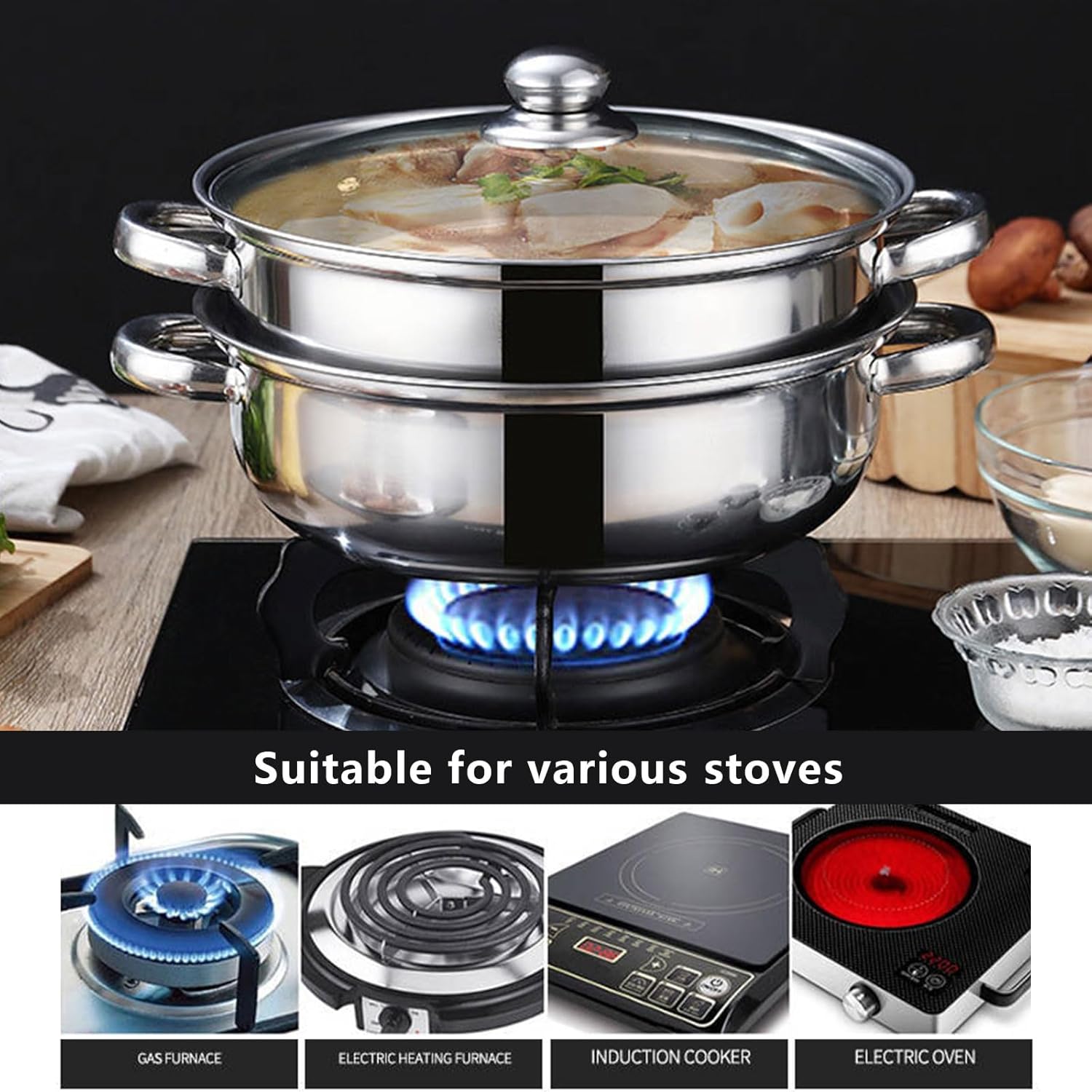 AIZYR Double-Layer Steam Pot with Lid for Cooking Stew Pasta Perfect