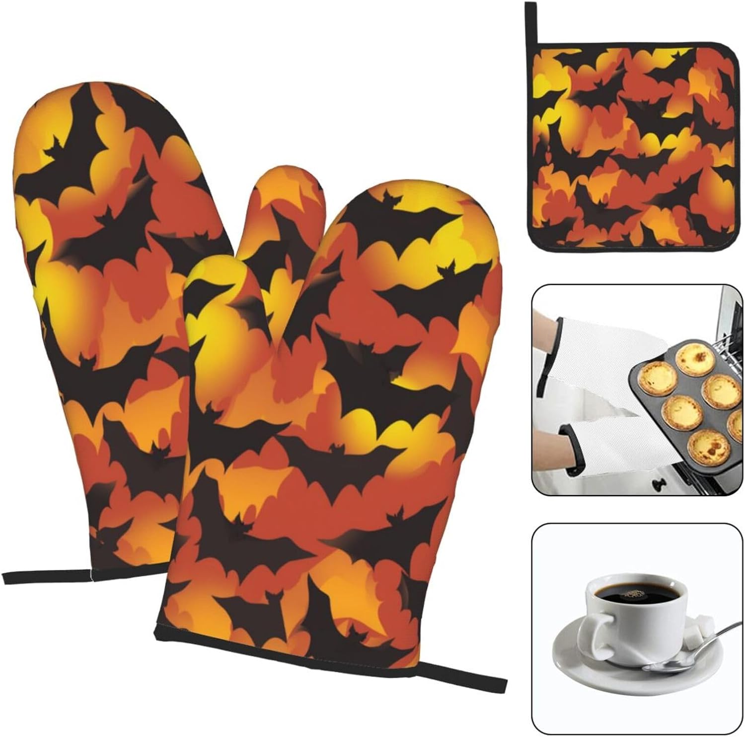 Scary Halloween Bat Oven mitts Pot Holders Set of 3 Heat-Resistant Durable