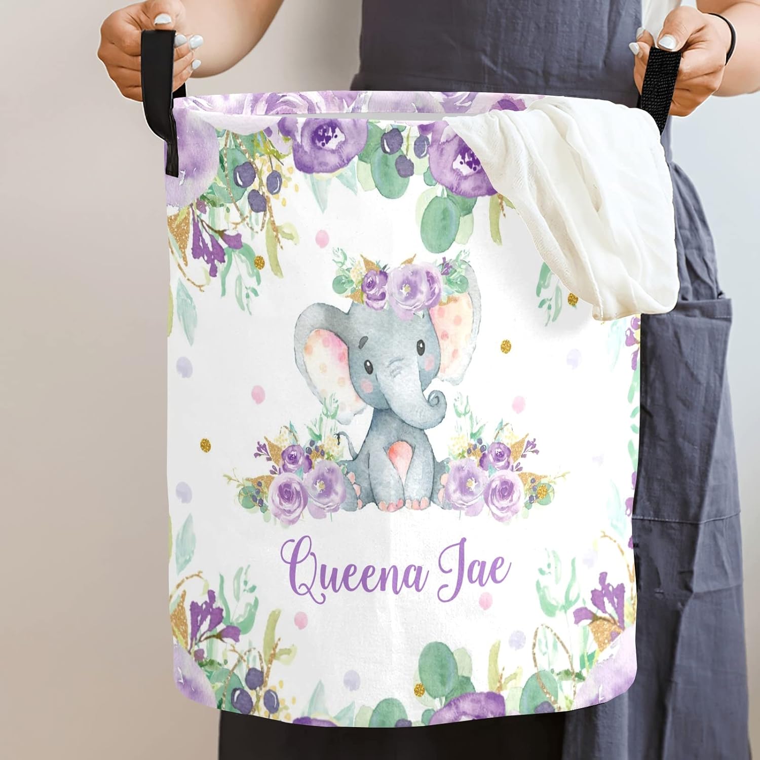 Purple Floral Elephant Laundry Basket with Waterproof PE Coating