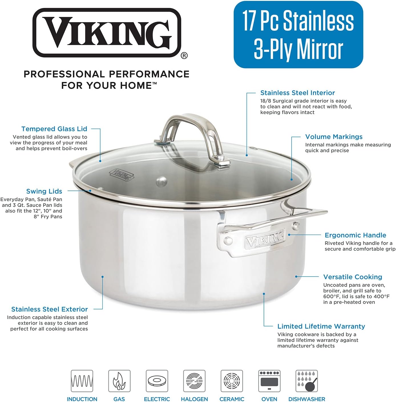 Stainless Steel Cookware Set of 17 Pans for Professional Grade Kitchen Use