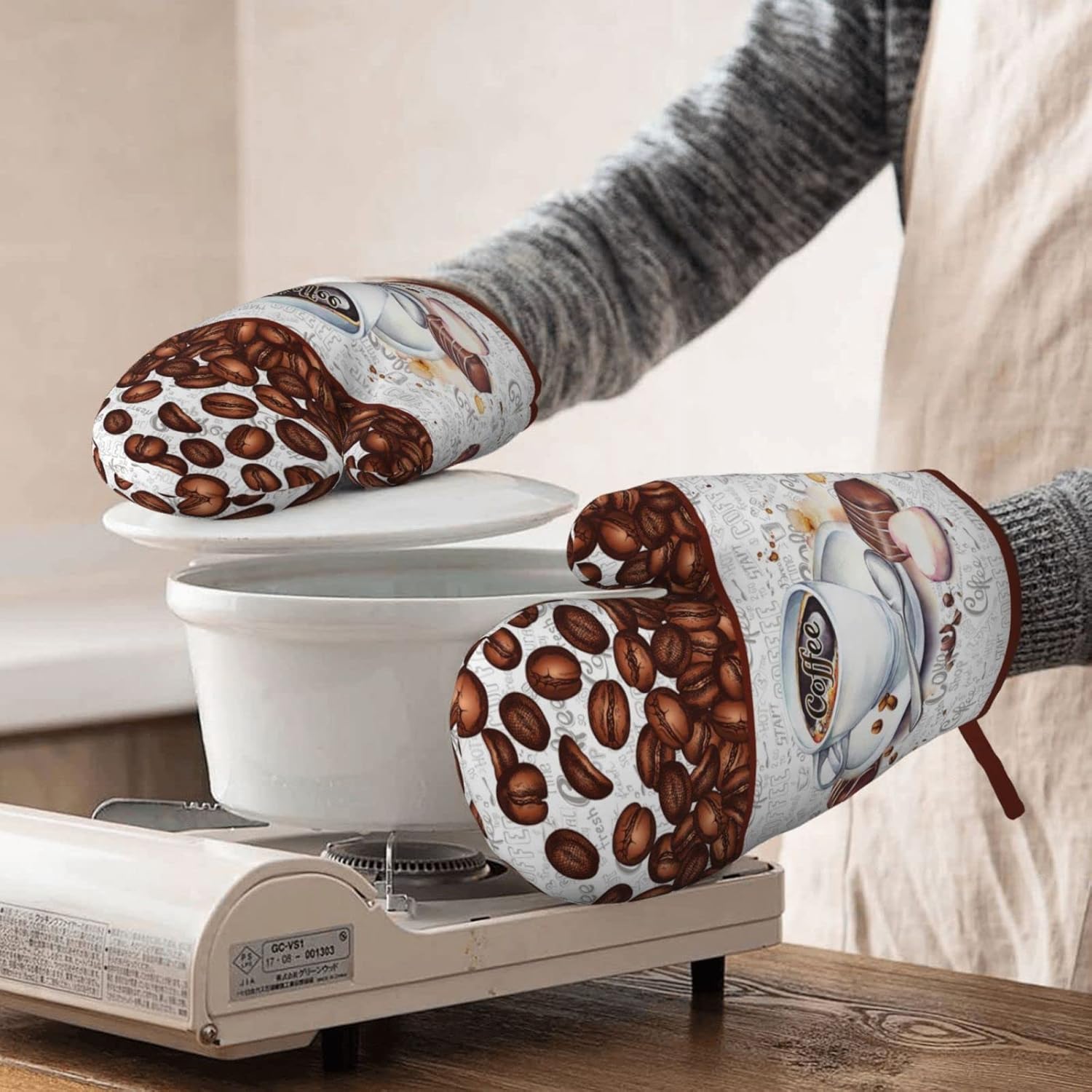 Coffee Print Silicone Oven Mitts 7x11 Inch 1 Pair