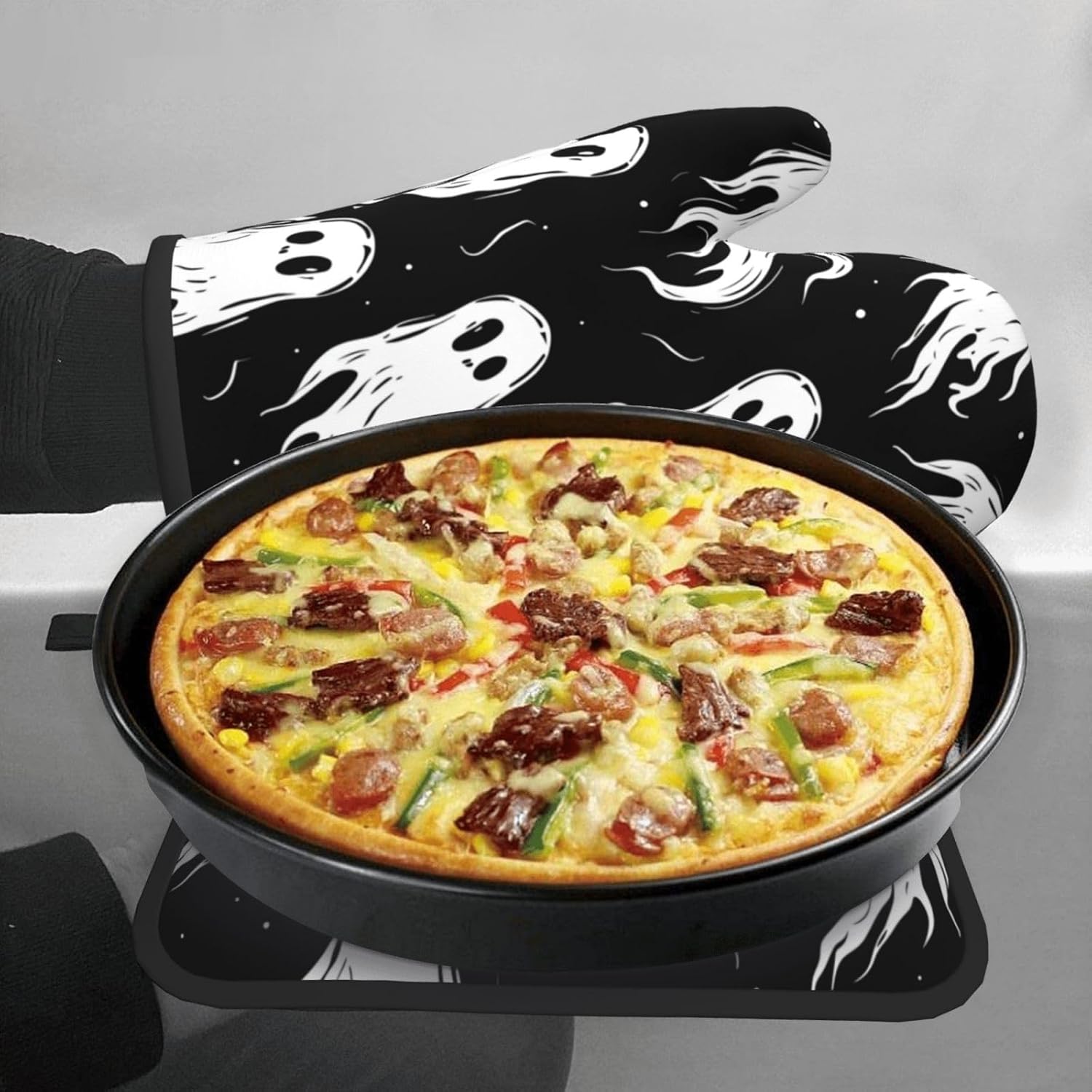 Halloween Ghost Oven Mitt Set Heat-Resistant Potholders for Baking Cooking