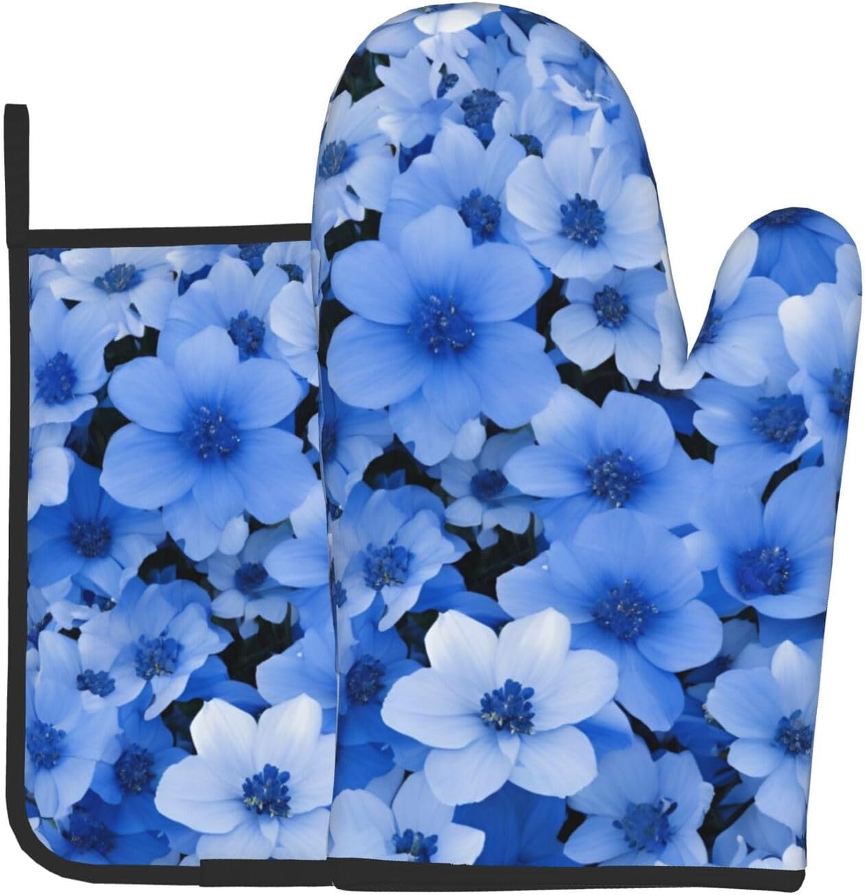 Premium Blue Flower Printed Oven Mitts Pot Holders Heat-Resistant and Durable