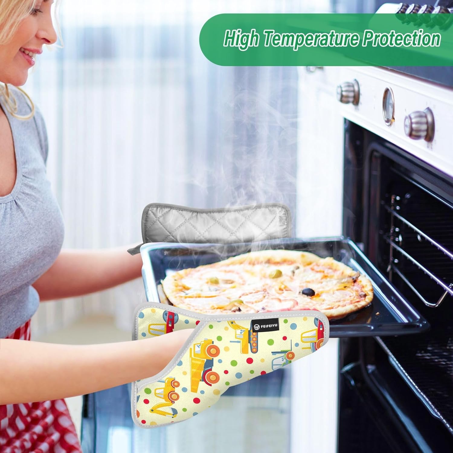 Double Potholder Set Excavator Truck Heat-Resistant Oven Mitts