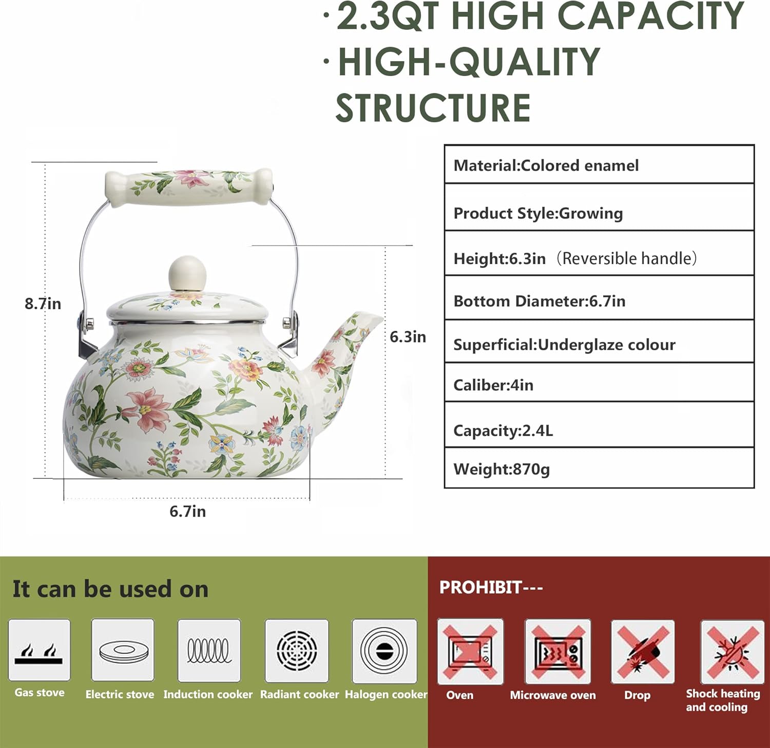 OLYTARU Enamel Teapot with Growing Floral Design