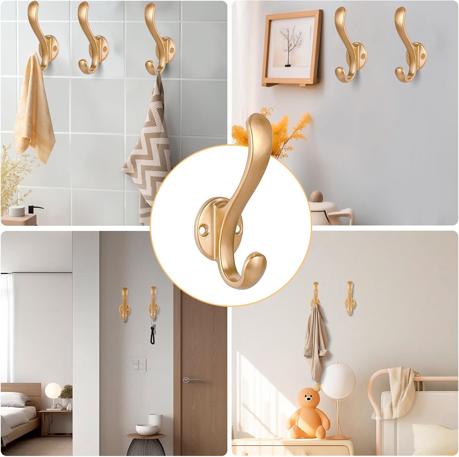6 Pack Gold Wall Coat Hooks Heavy Duty Double Hooks