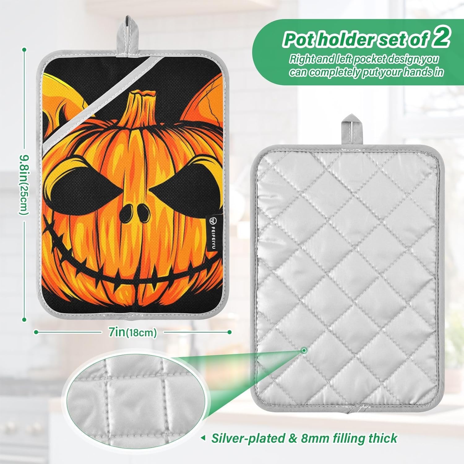 Pumpkin Halloween Skull Potholders with Pockets 2 Pack