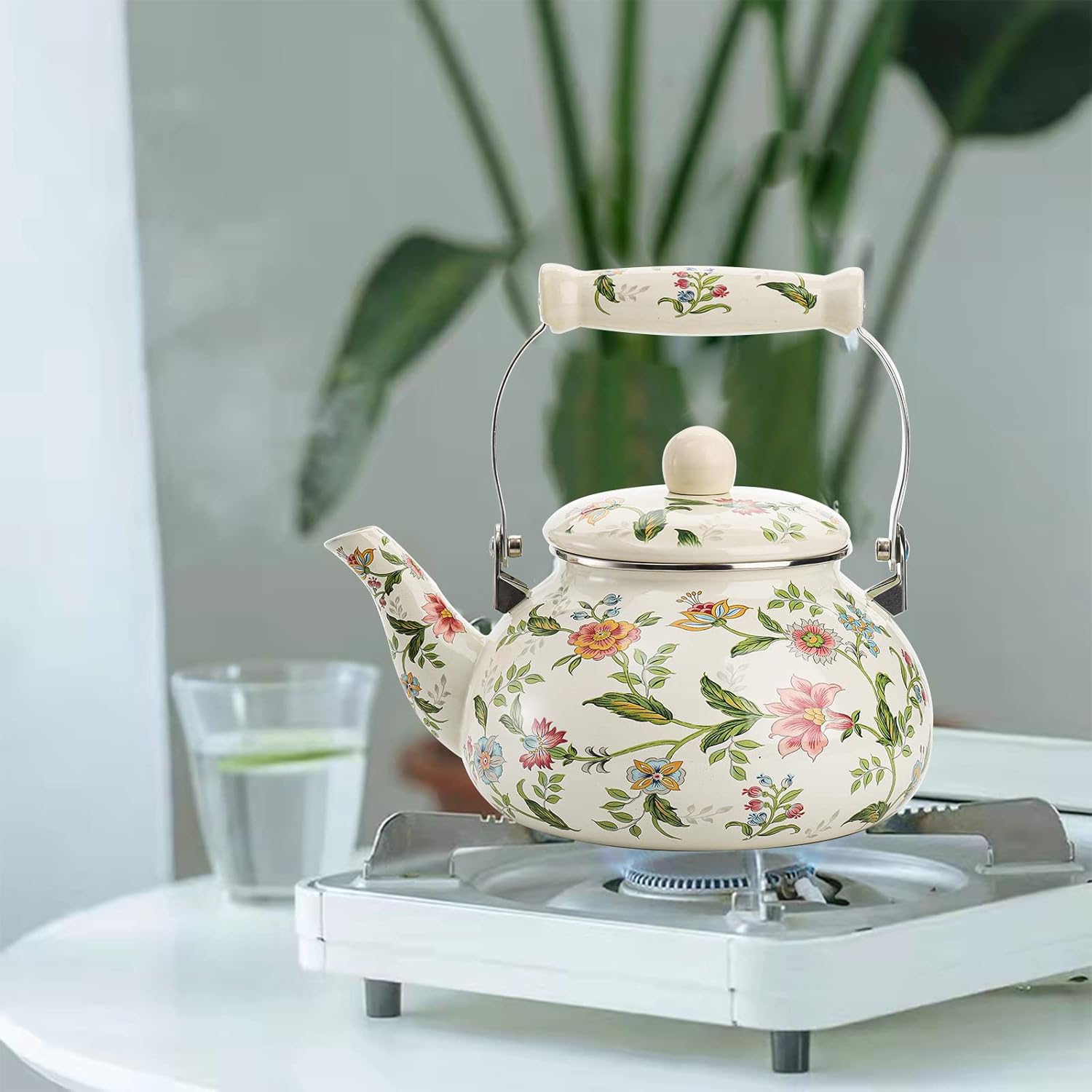 Vivid Enamel Tea Kettle with Porcelain Handle Elegantly Designed