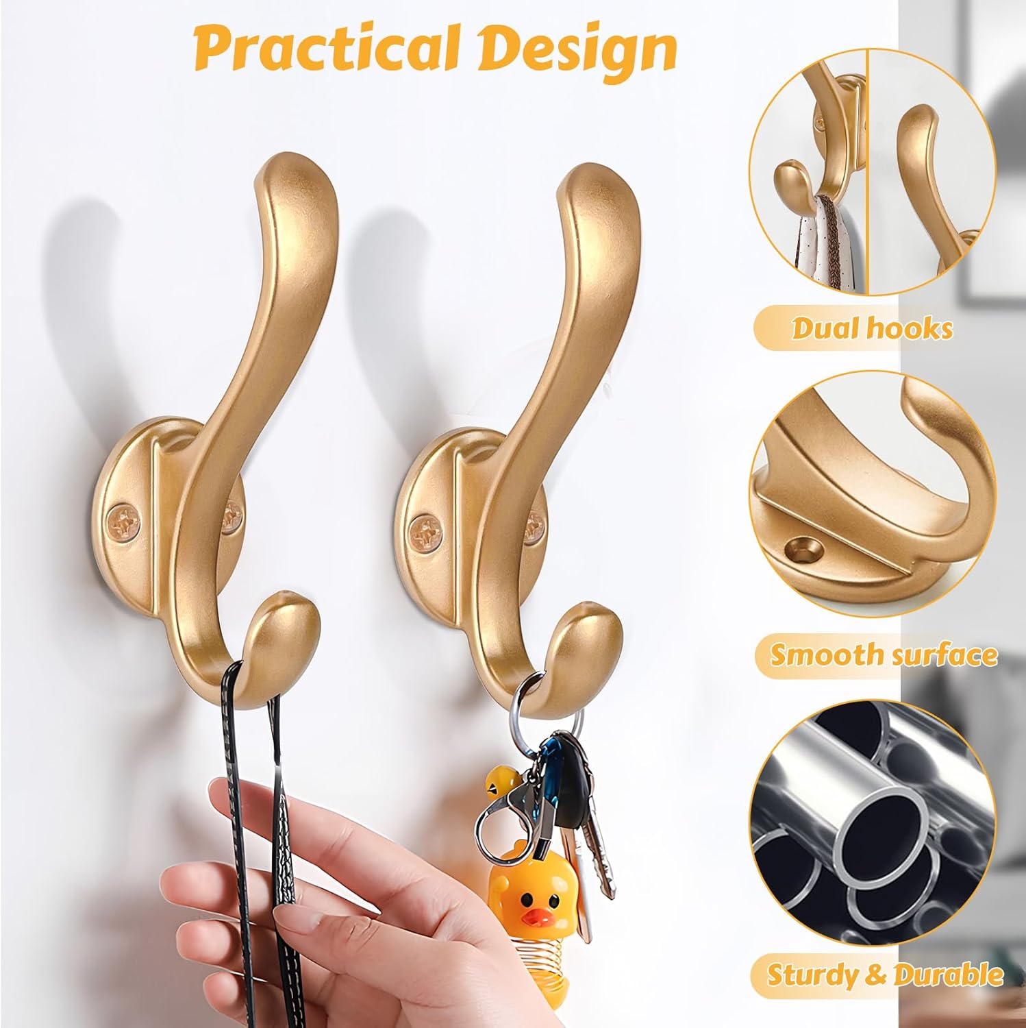 6 Pack Gold Wall Coat Hooks Heavy Duty Double Hooks