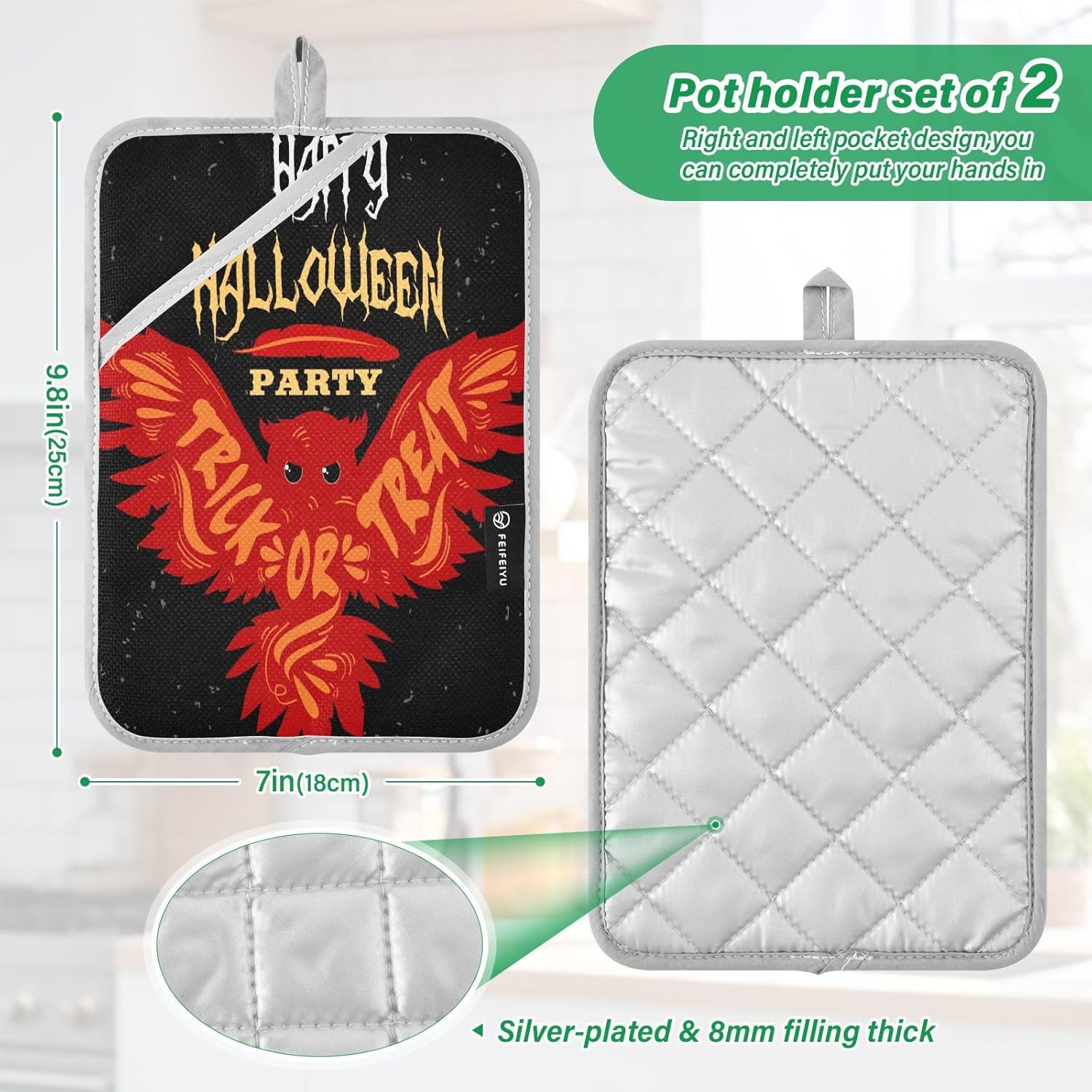 OURVII 2Pcs Halloween Flying Owl Potholders Set