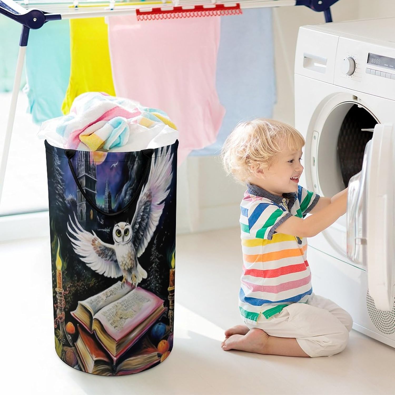 Owl Flying Over Magic Book Large Laundry Hamper