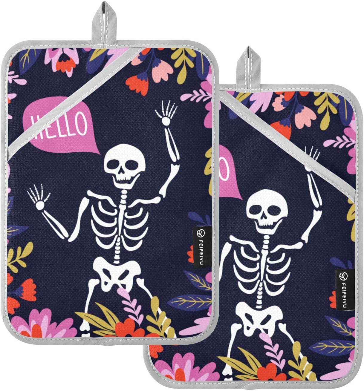 2Pcs Hello Skeleton Potholder Set Non-Slip Heat Resistant