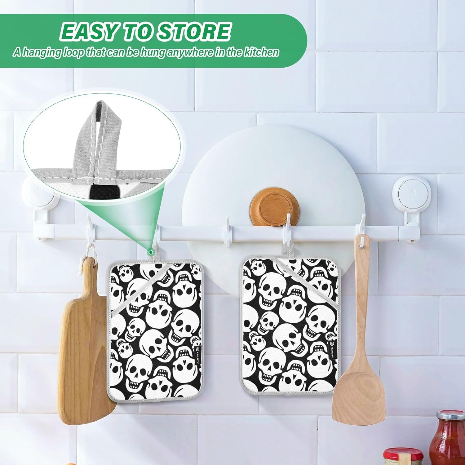 2PK Halloween White Skull Pot Holder Set