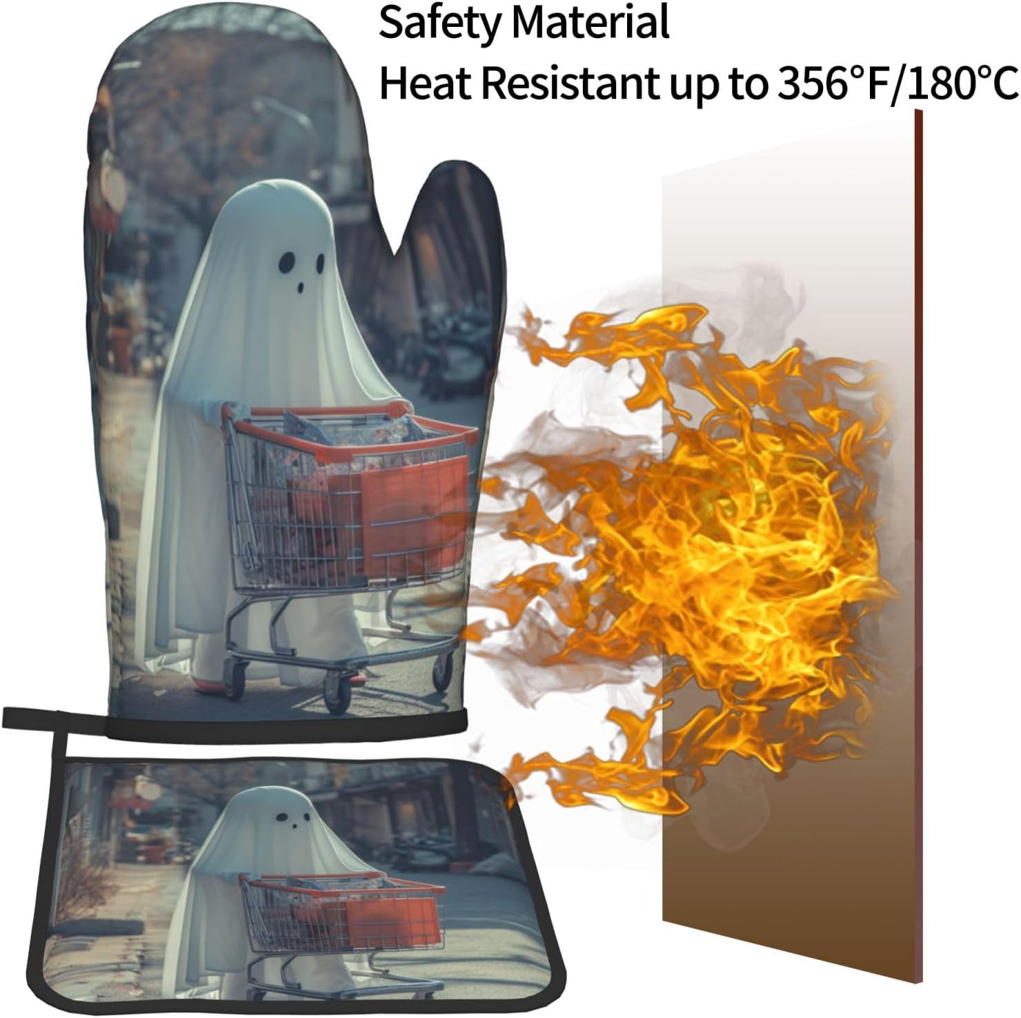 Funny Halloween Ghost Oven Mitts Set Heat-Resistant Potholders for Cooking Baking