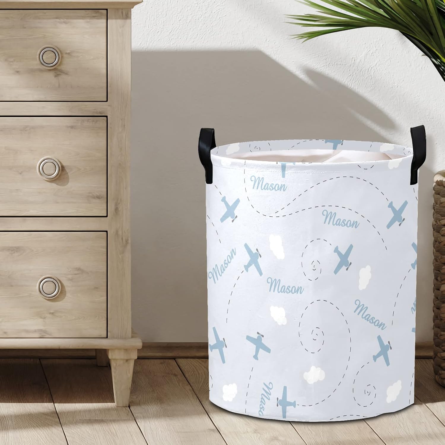 Personalized Laundry Basket Hamper with Airplane Blue Clouds Name Text