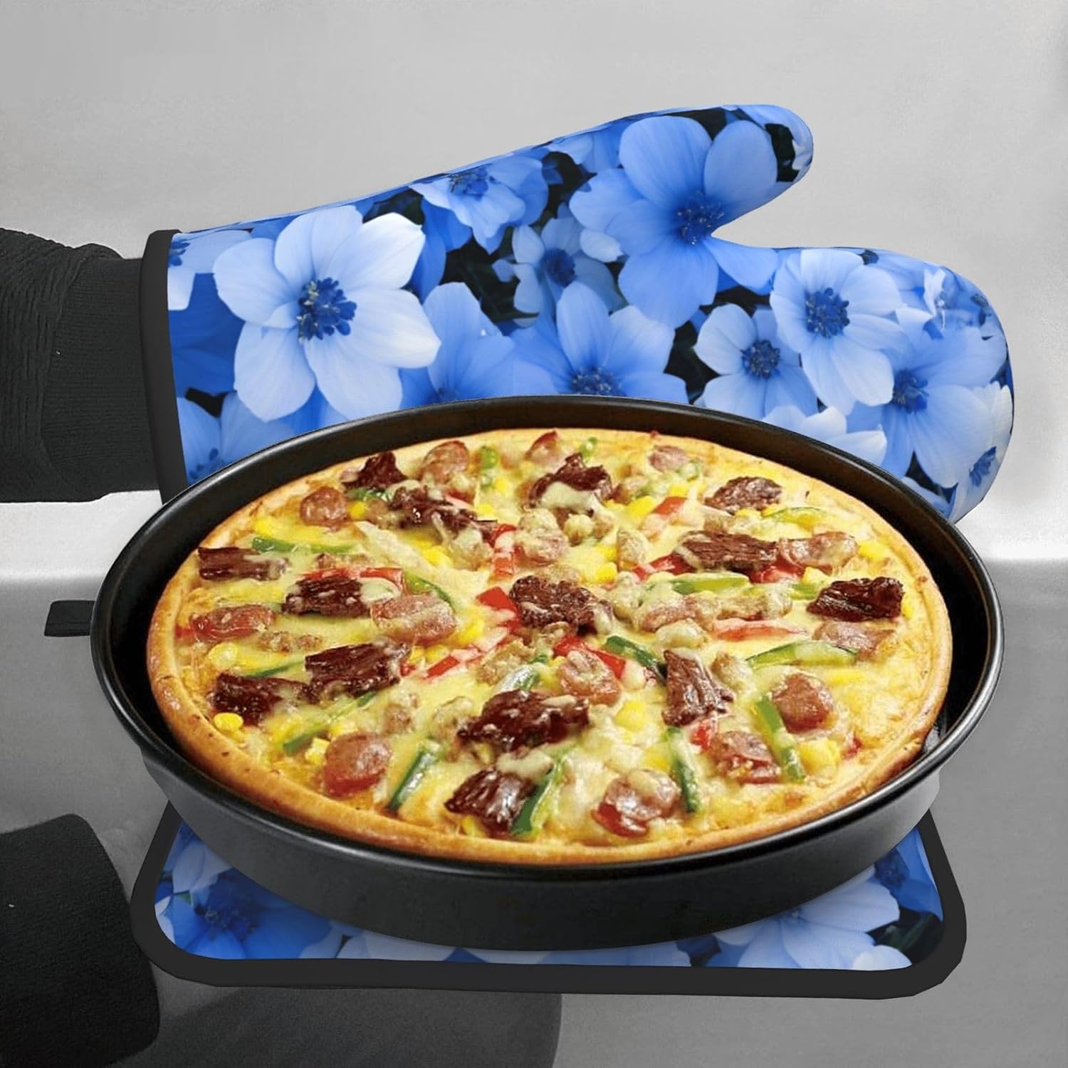Premium Blue Flower Printed Oven Mitts Pot Holders Heat-Resistant and Durable