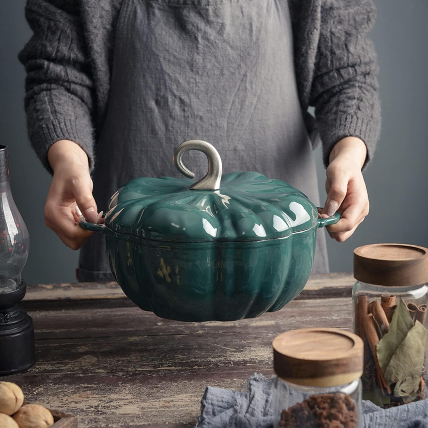 Enameled Cast Iron Dutch Oven with Pumpkin Shape and Lid