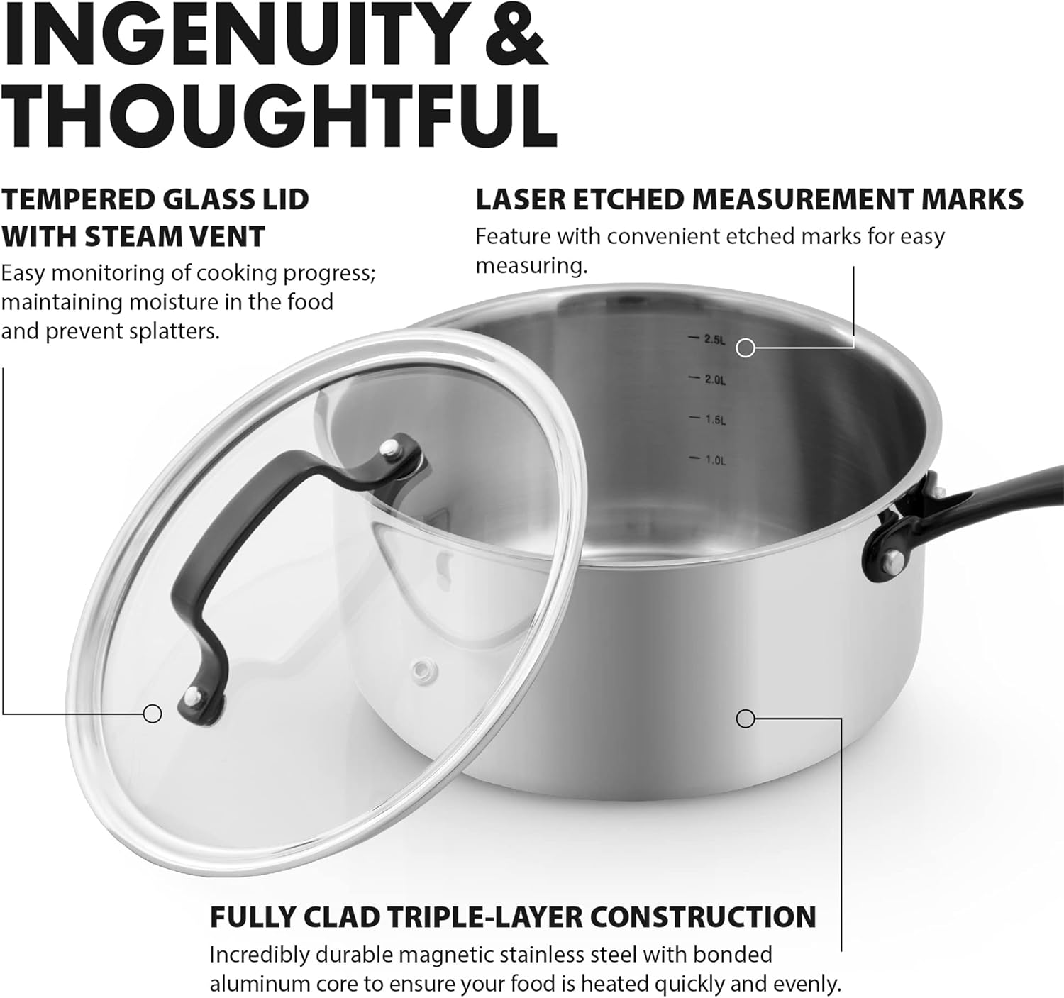 GRANDTIES 3 QT Stainless Steel Saucepan PVD Coated