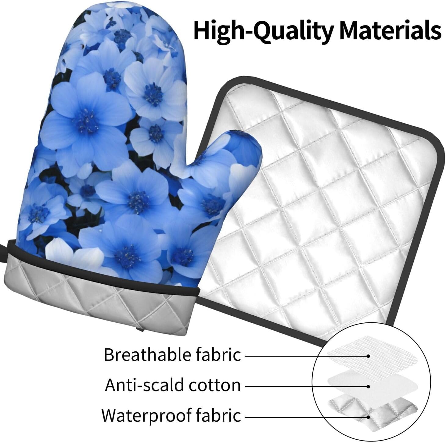 Premium Blue Flower Printed Oven Mitts Pot Holders Heat-Resistant and Durable