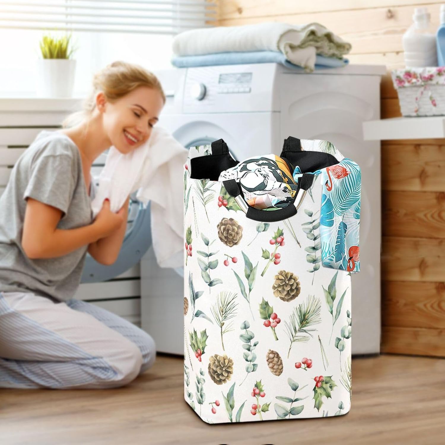 Collapsible Laundry Basket with Handles Waterproof Nursery Storage Christmas Pinecone Design