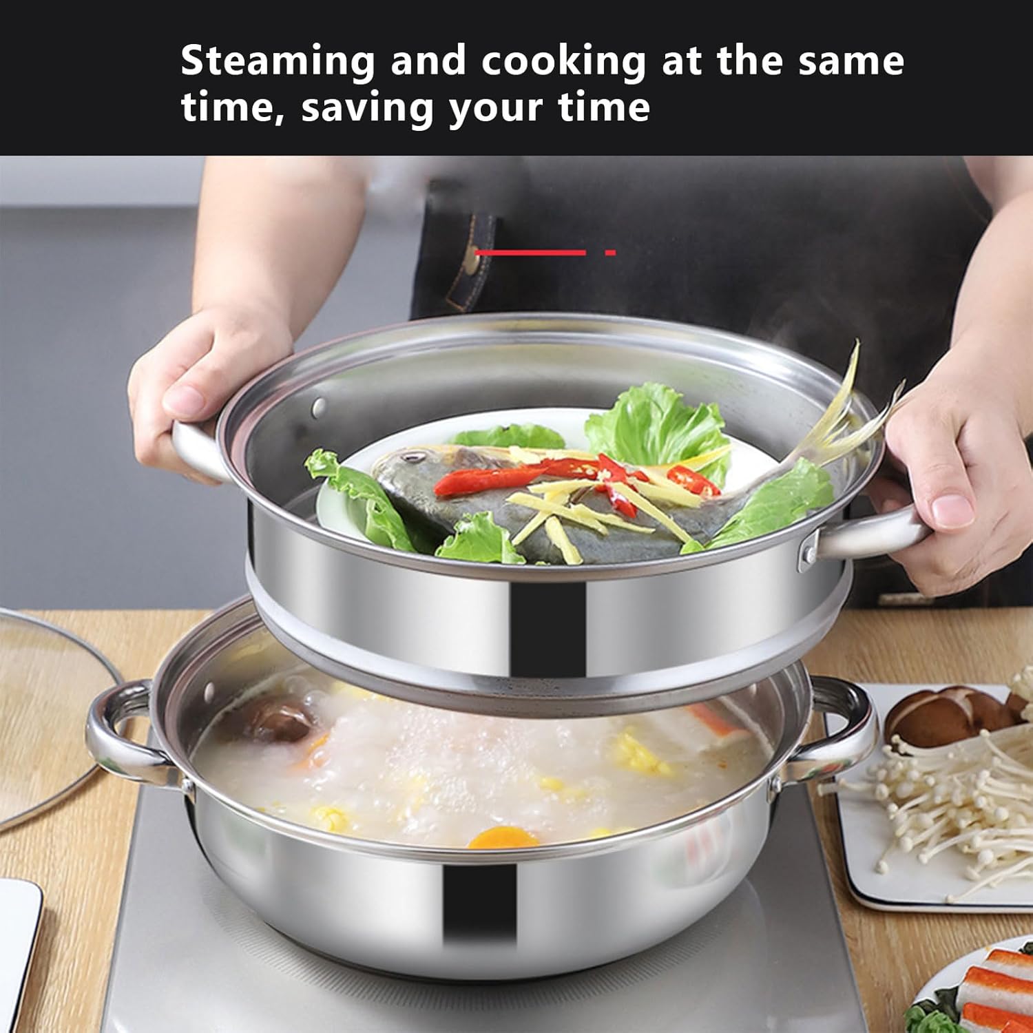 AIZYR Double-Layer Steam Pot with Lid for Cooking Stew Pasta Perfect