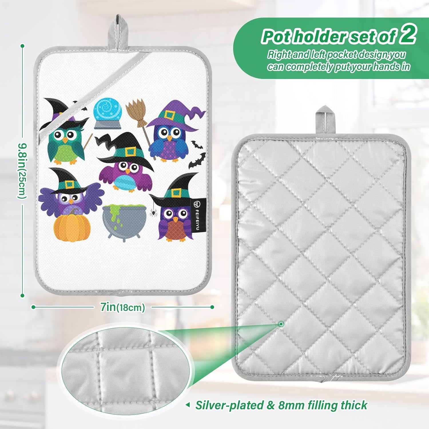 Ourvii 2Pcs Halloween Funny Owl Witches Pot Holder Set
