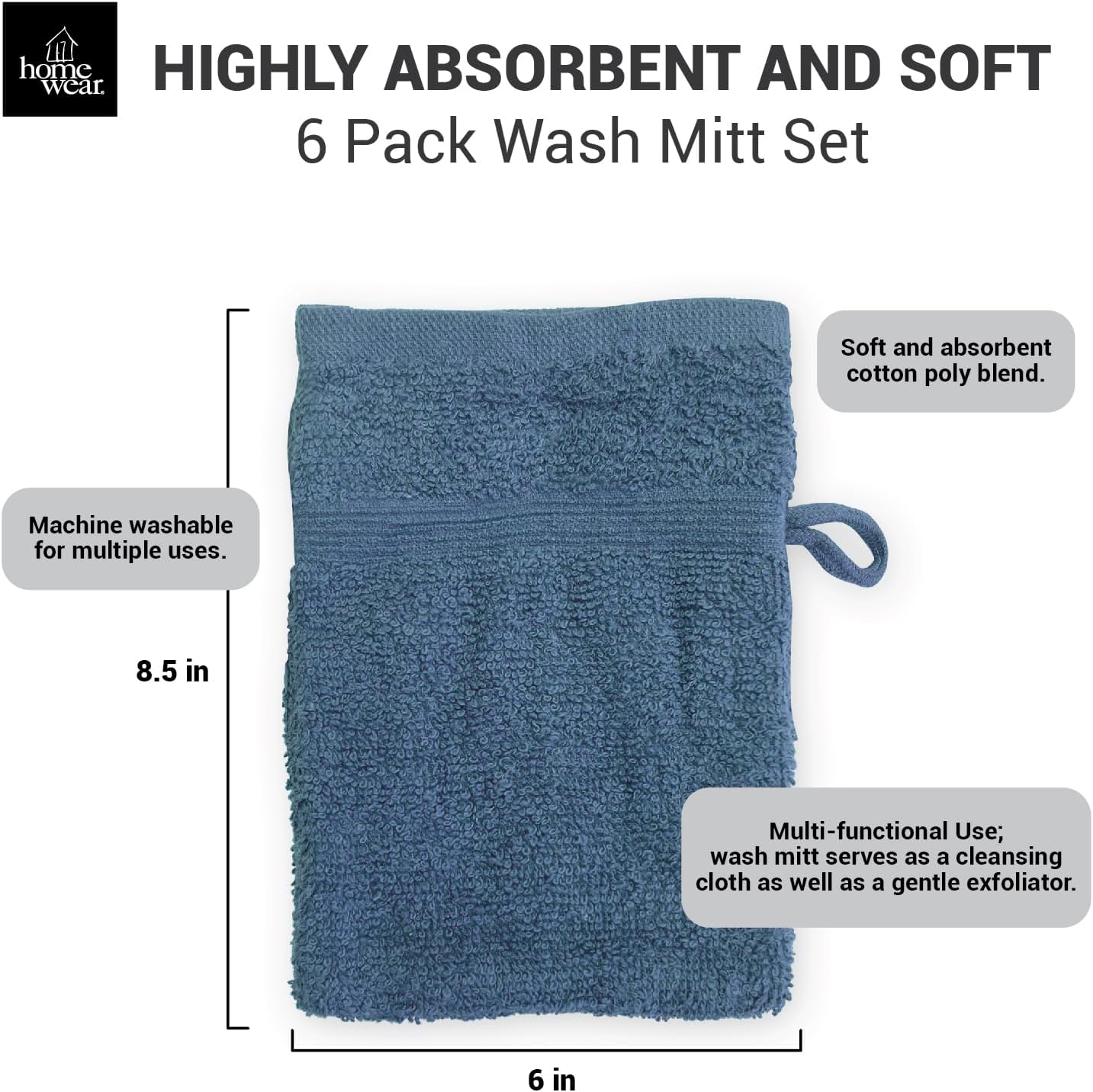 Homewear High Rise Stripe 6 Pack Wash Mitt Set